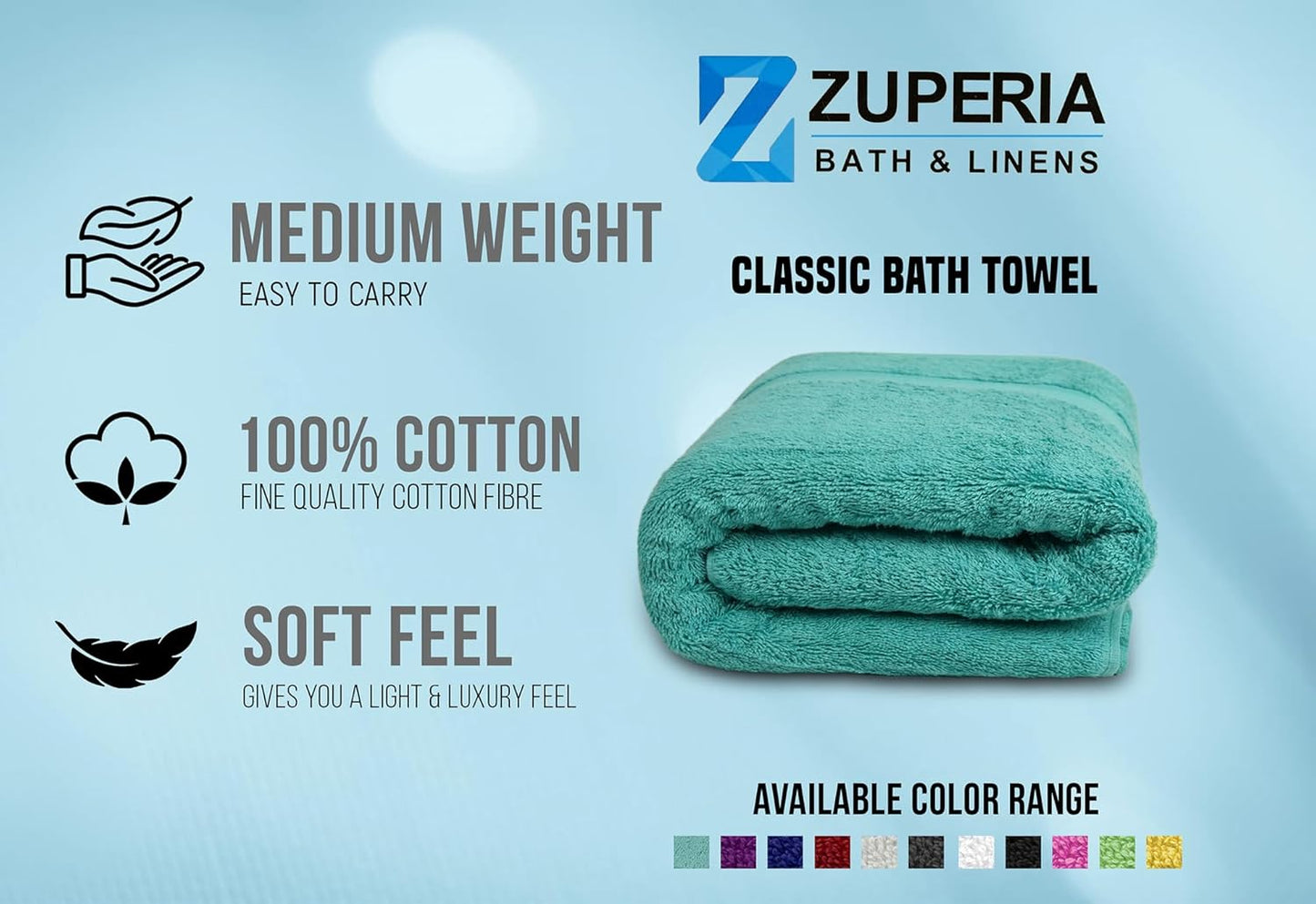 Torquise Bath Towels (30 x 60 Inches) – 100% Ring-Spun Cotton | 500 GSM| Pack of 4