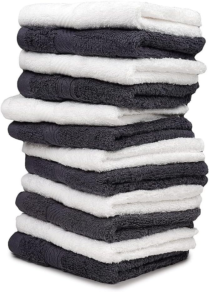 Cotton Washcloths (12 x 12 Inches) - | 100% Cotton | 500 GSM (Grey/White) | Pack of 12