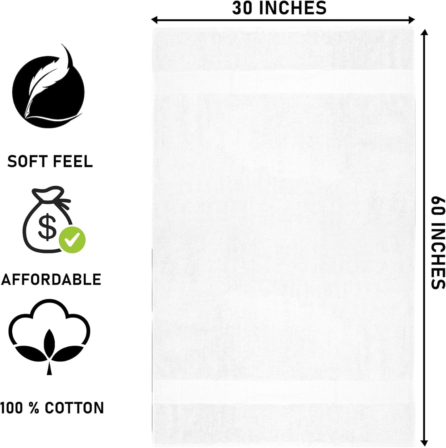 White Bath Towels (30 x 60 Inches) – 100% Ring-Spun Cotton | 500 GSM | Pack of 4