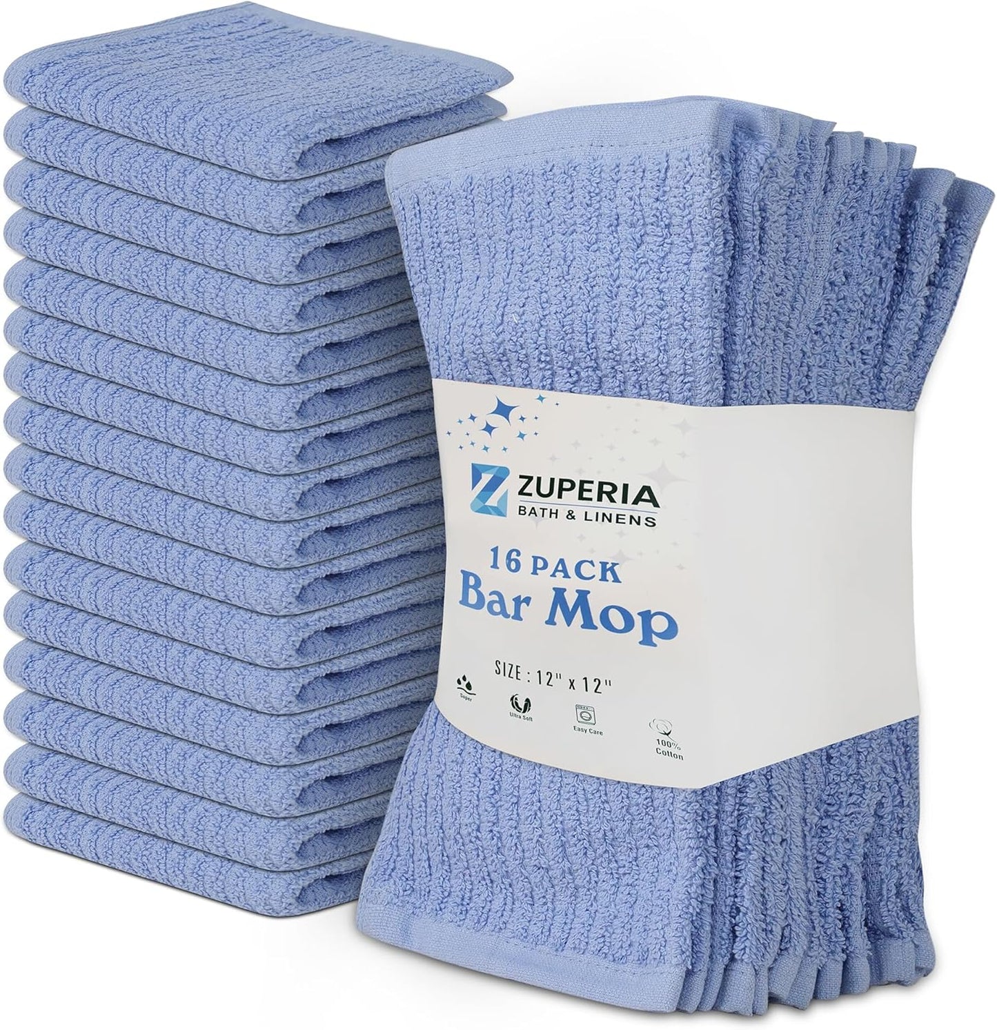 Premium Ribbed Bar Mops Sky Blue – | 100% Cotton | 12" x 12" | 20 Oz per Dzn