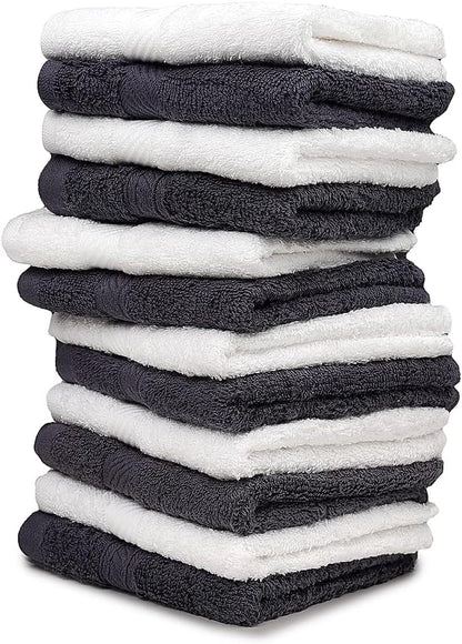 Cotton Washcloths (12 x 12 Inches) - | 100% Cotton | 500 GSM (Grey/White) | Pack of 12