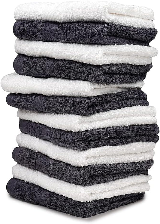 Cotton Washcloths (12 x 12 Inches) - | 100% Cotton | 500 GSM (Grey/White) | Pack of 12