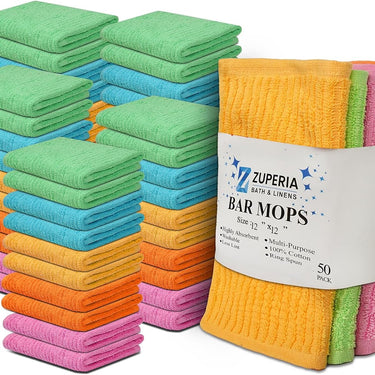 ZUPERIA 100% Cotton Cleaning Cloths (50 Pack, 12x12) - Ribbed, Highly Absorbent for Superior Cleaning (Multi-Color)