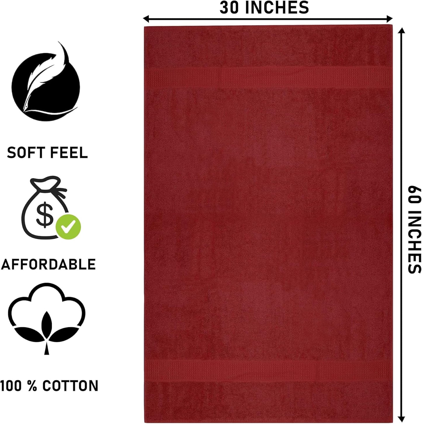 Burgundy Bath Towels (30 x 60 Inches) – 100% Ring-Spun Cotton | 500 GSM| Pack of 4