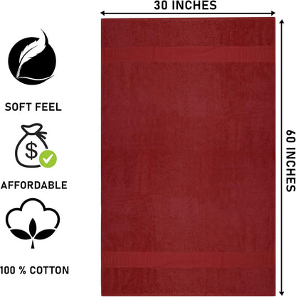 Burgundy Bath Towels (30 x 60 Inches) – 100% Ring-Spun Cotton | 500 GSM| Pack of 4