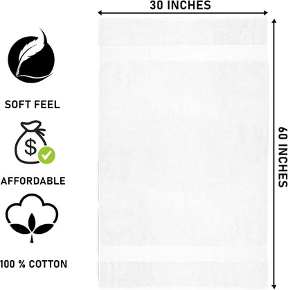 White Bath Towels (30 x 60 Inches) – 100% Ring-Spun Cotton | 500 GSM | Pack of 4