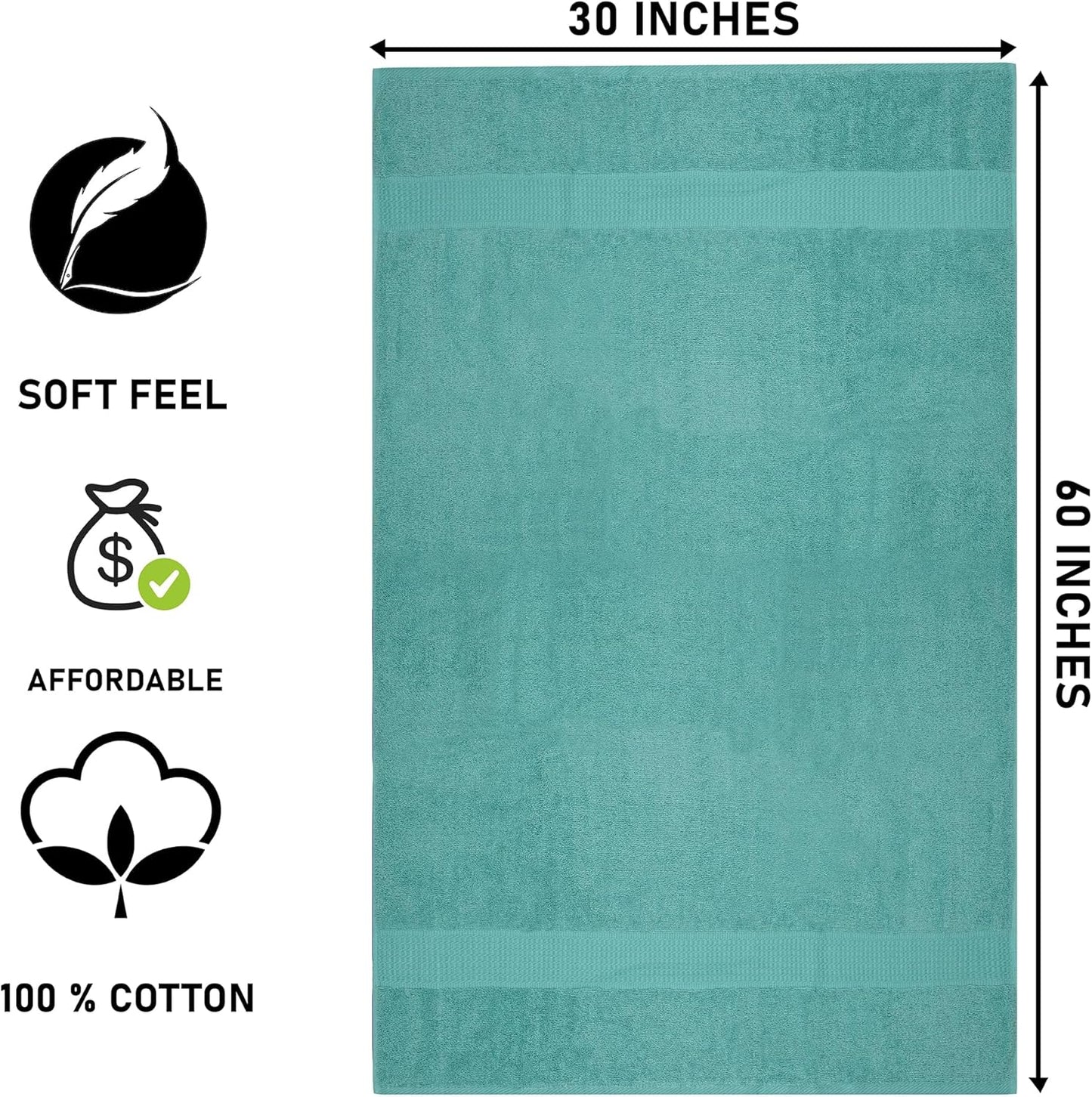 Torquise Bath Towels (30 x 60 Inches) – 100% Ring-Spun Cotton | 500 GSM| Pack of 4
