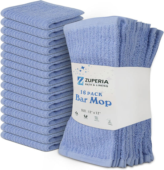 Premium Ribbed Bar Mops Sky Blue – | 100% Cotton | 12" x 12" | 20 Oz per Dzn