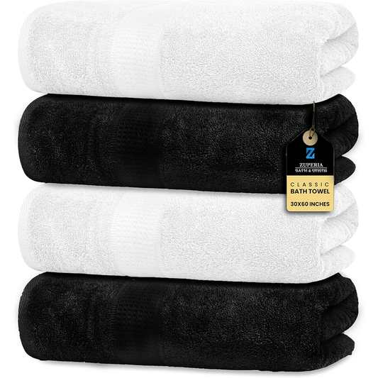White/Black Bath Towels (30 x 60 Inches) – 100% Ring-Spun Cotton | 500 GSM | Pack of 4