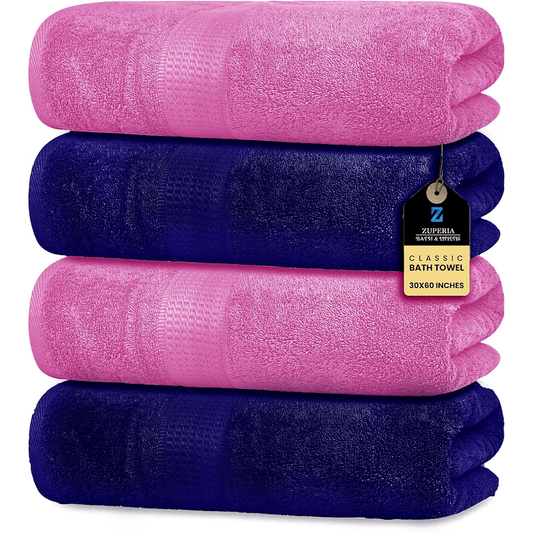 Navy/Pink Bath Towels (30 x 60 Inches) – 100% Ring-Spun Cotton | 500 GSM | Pack of 4