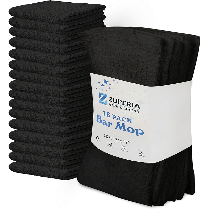 Premium Ribbed Bar Mops Black – | 100% Cotton | 12" x 12" | 20 Oz per Dzn