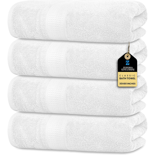 White Bath Towels (30 x 60 Inches) – 100% Ring-Spun Cotton | 500 GSM | Pack of 4
