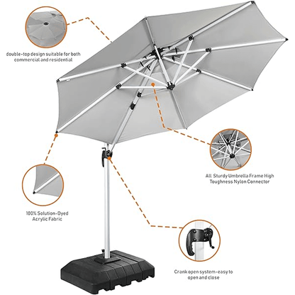 10 Feet Round Patio Umbrella with Solar Powered LED Lights (Light Grey)